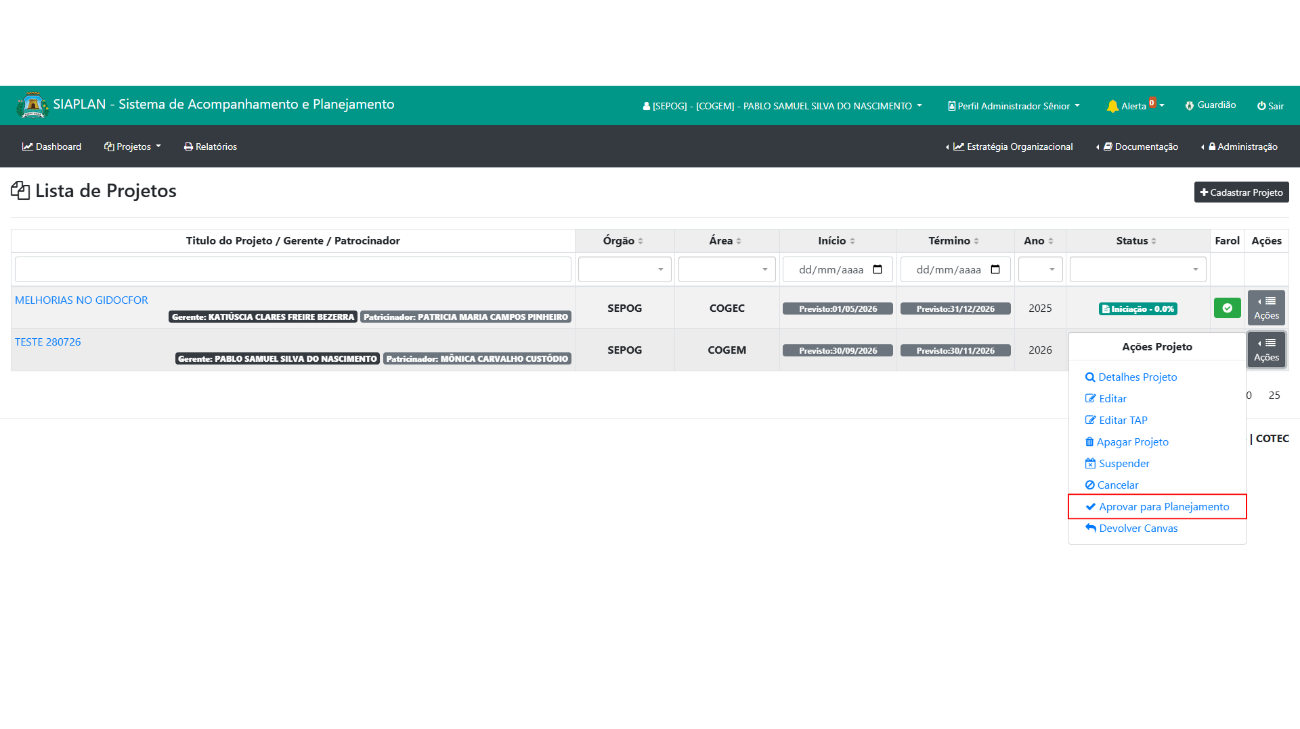 Tela Lista de Projetos com o menu Ações aberto e as opções Aprovar para Planejamento e Devolver Canvas