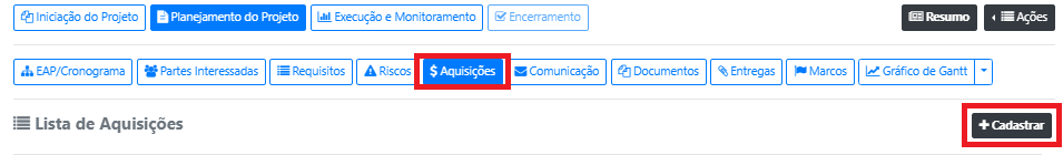 Como cadastrar um Plano de Aquisições para o projeto?