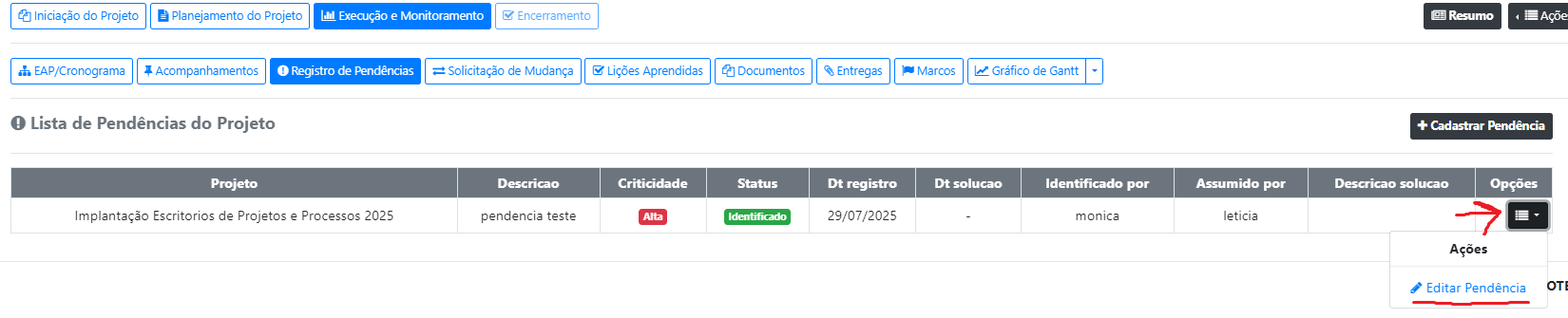 Como registrar e acompanhar Pendências do projeto?