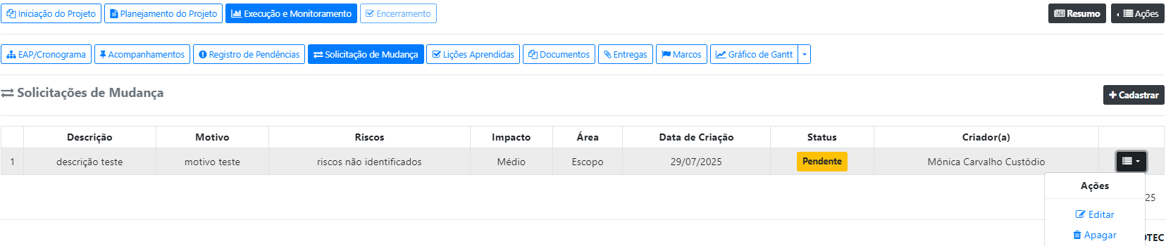 Como registrar Solicitações de mudanças?