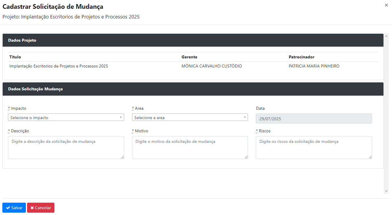 Como registrar Solicitações de mudanças?