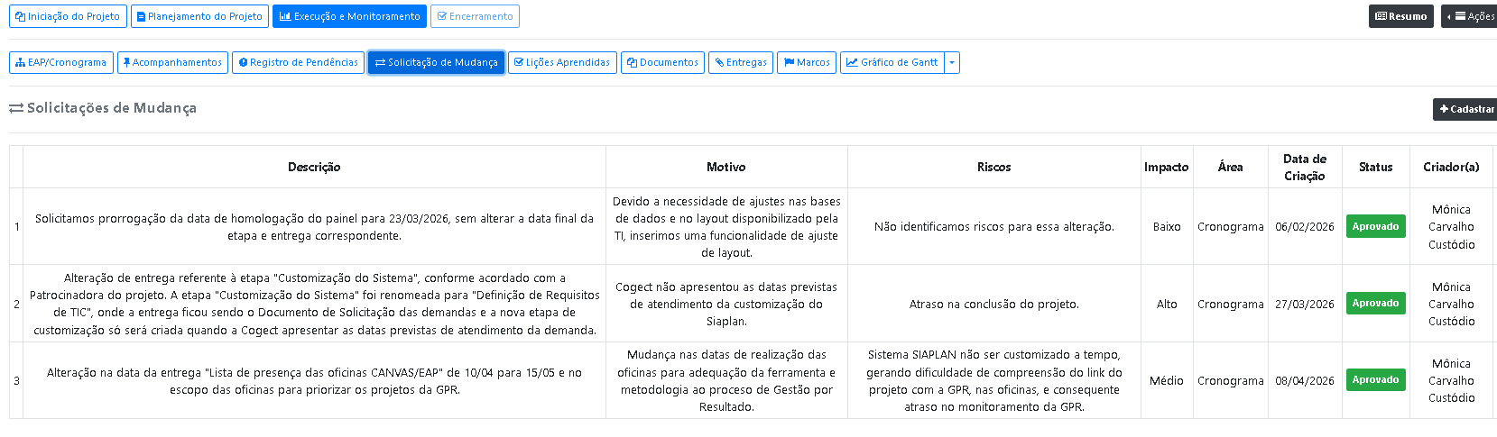 Como registrar Solicitações de mudanças?