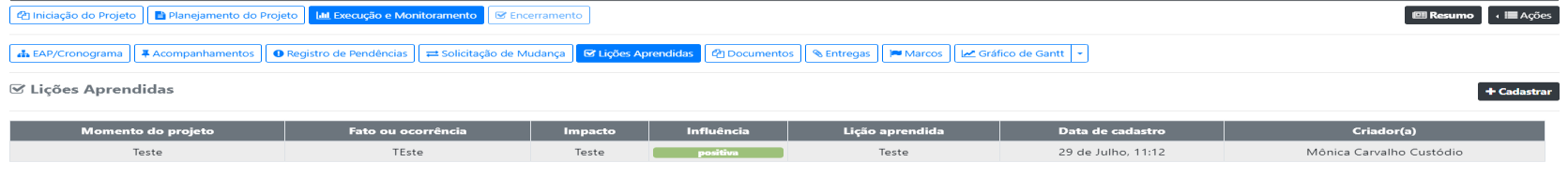 Como registrar Lições Aprendidas?