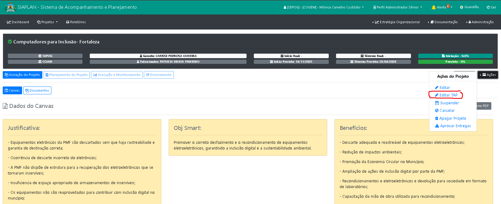 Como editar informações do projeto?