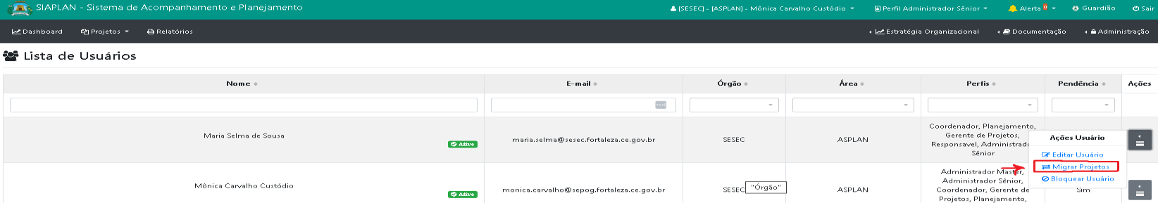 Como alterar o gerente e patrocinador do projeto e migrar projetos?