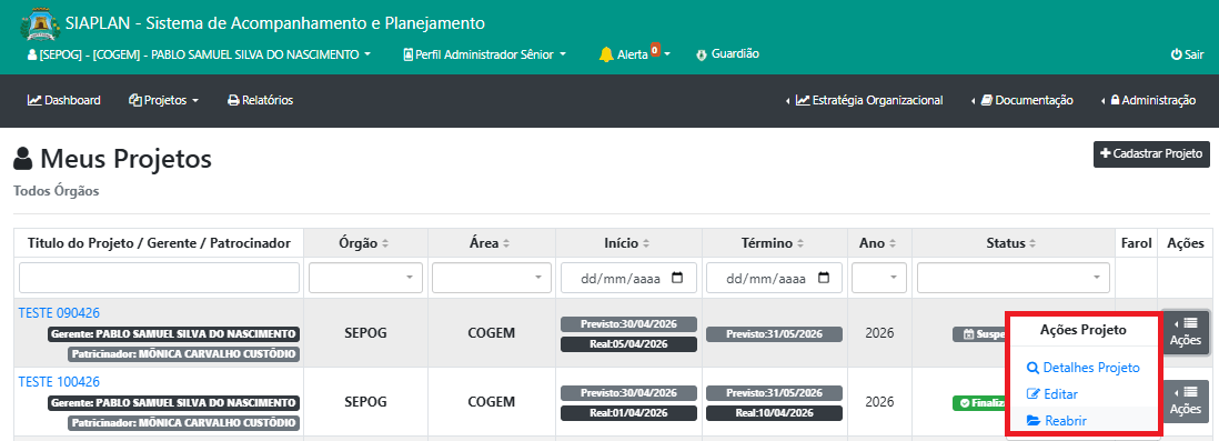 Como suspende e reabrir um projeto?