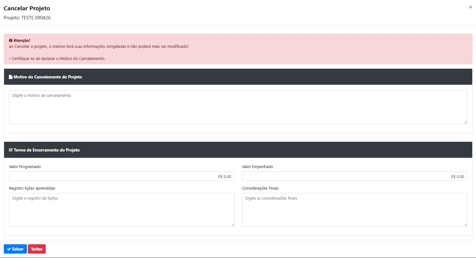Como cancelar um projeto?