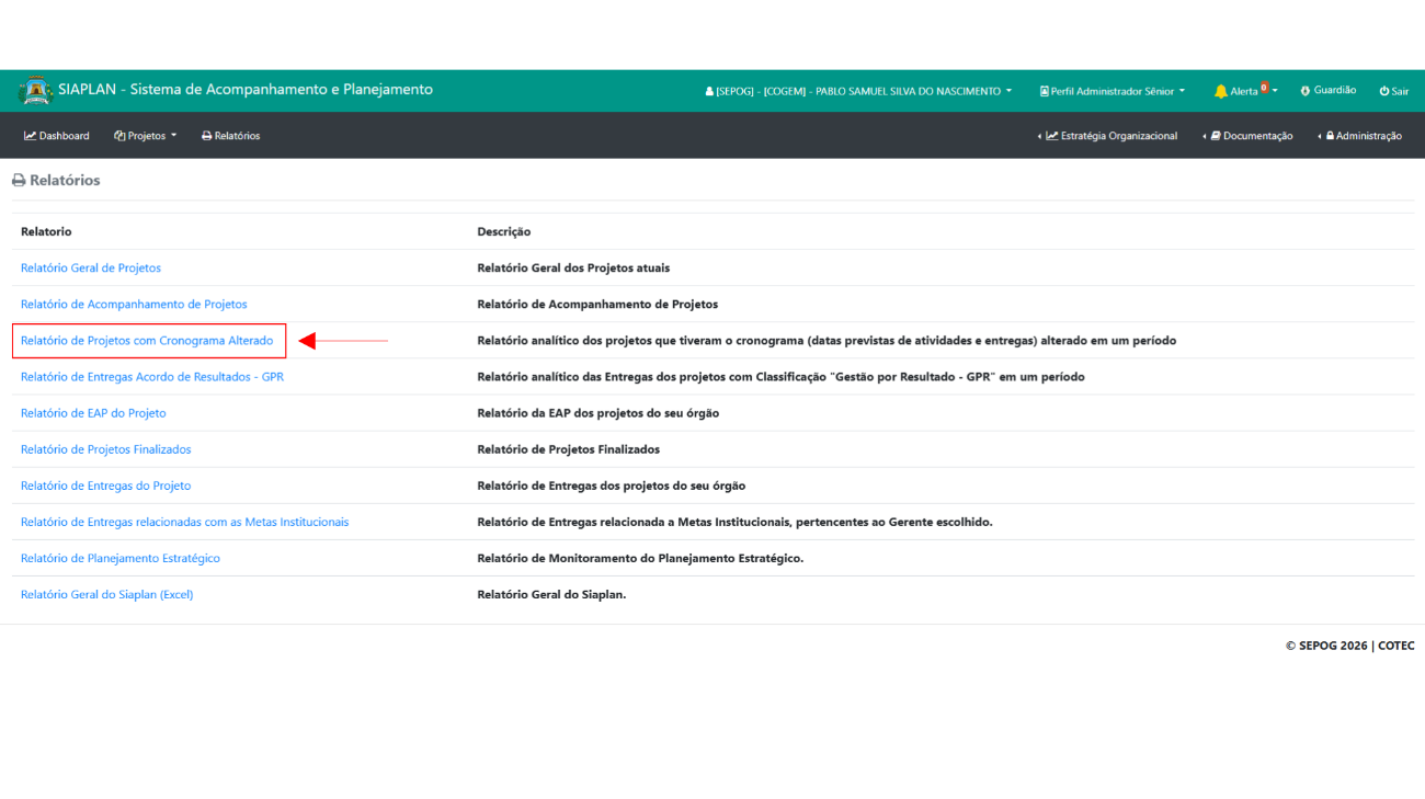 Relatório de Projetos com Cronograma Alterado