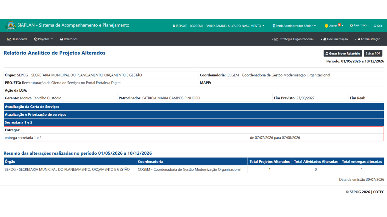 Relatório de Projetos com Cronograma Alterado