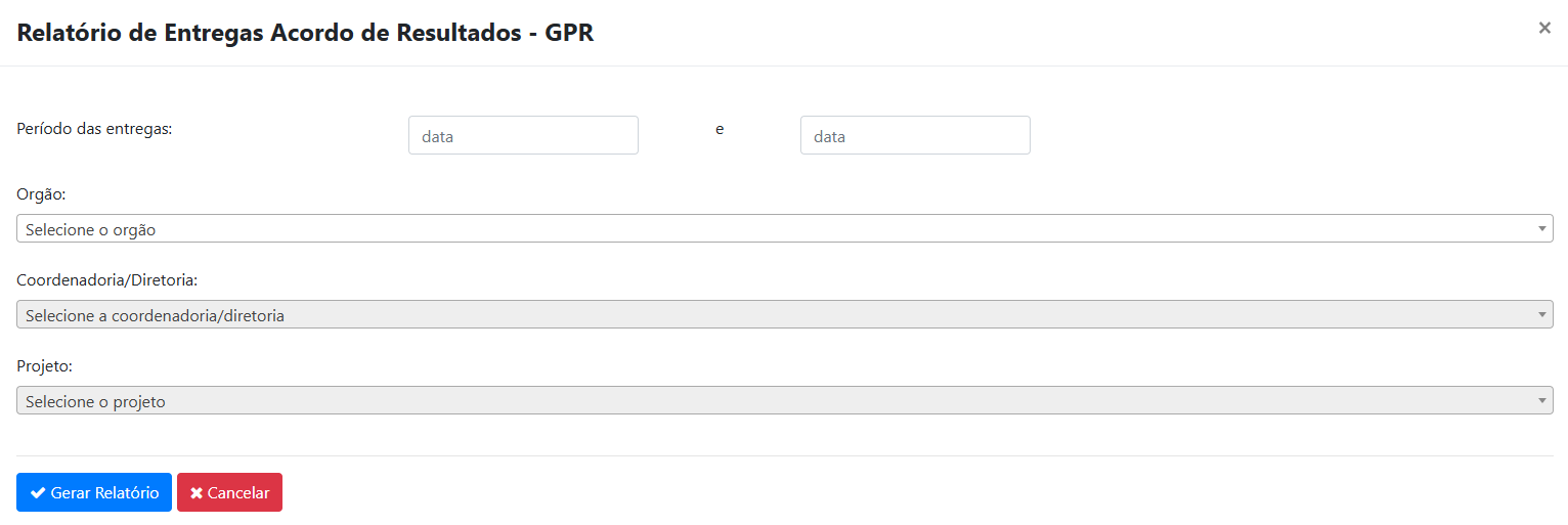 Tela de filtros do Relatório de Entregas Acordo de Resultados - GPR