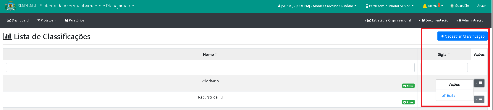 Como cadastrar, consultar e manter a tabela de classificações do projeto?