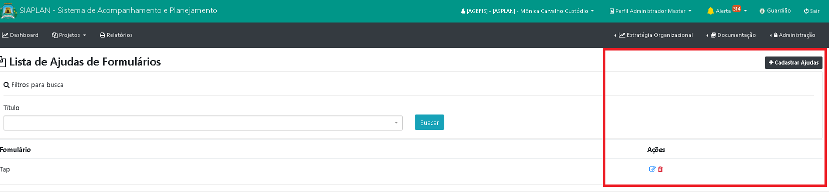 Como cadastrar e manter o help de telas do quadro CANVAS de projeto?