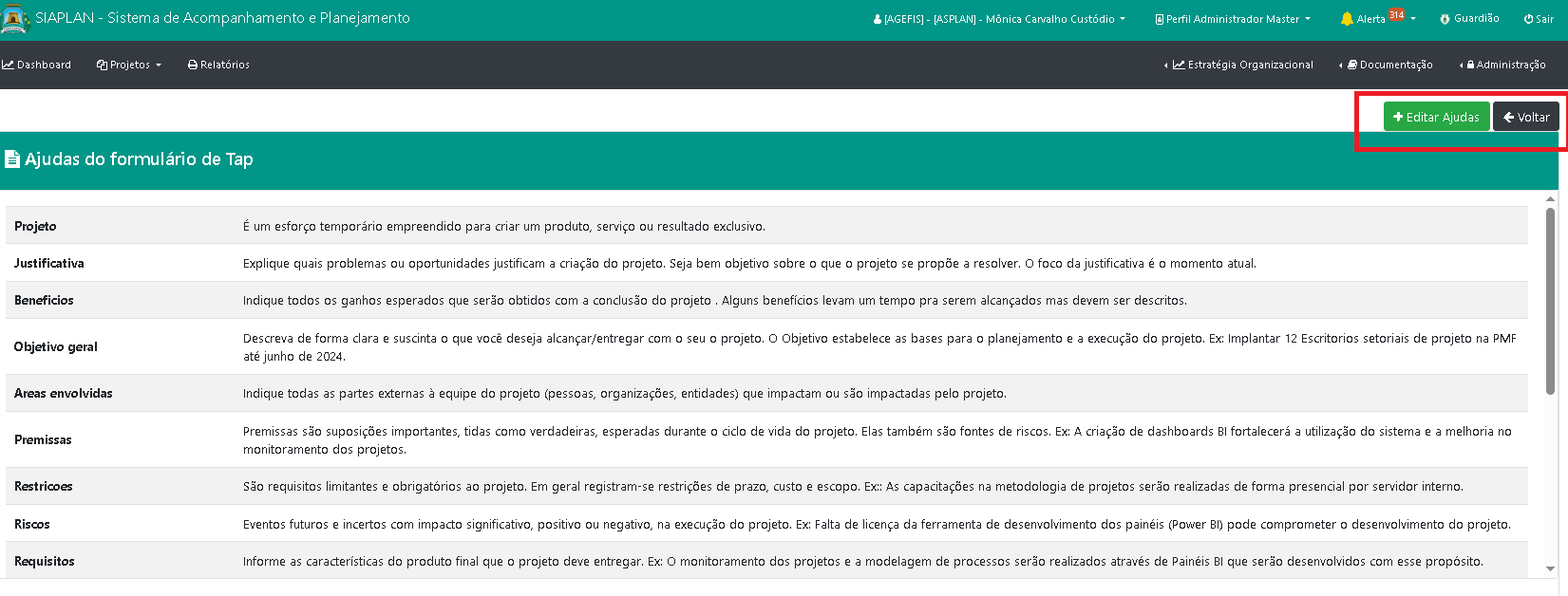 Como cadastrar e manter o help de telas do quadro CANVAS de projeto?