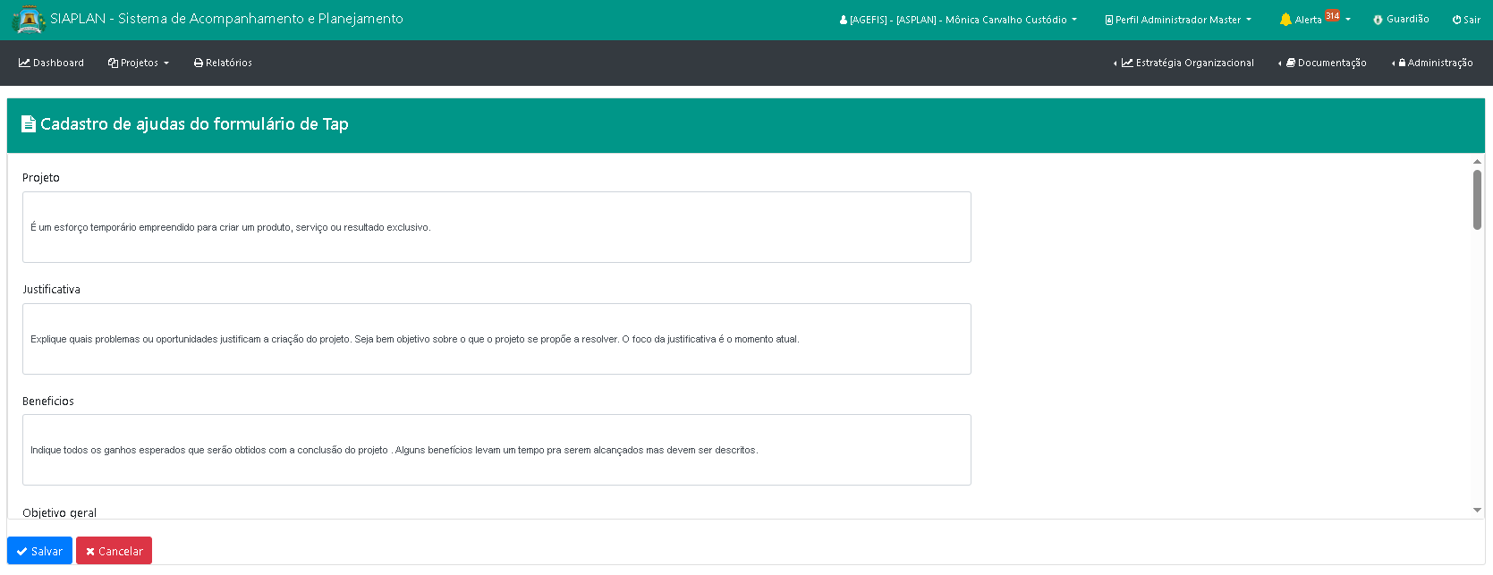Como cadastrar e manter o help de telas do quadro CANVAS de projeto?