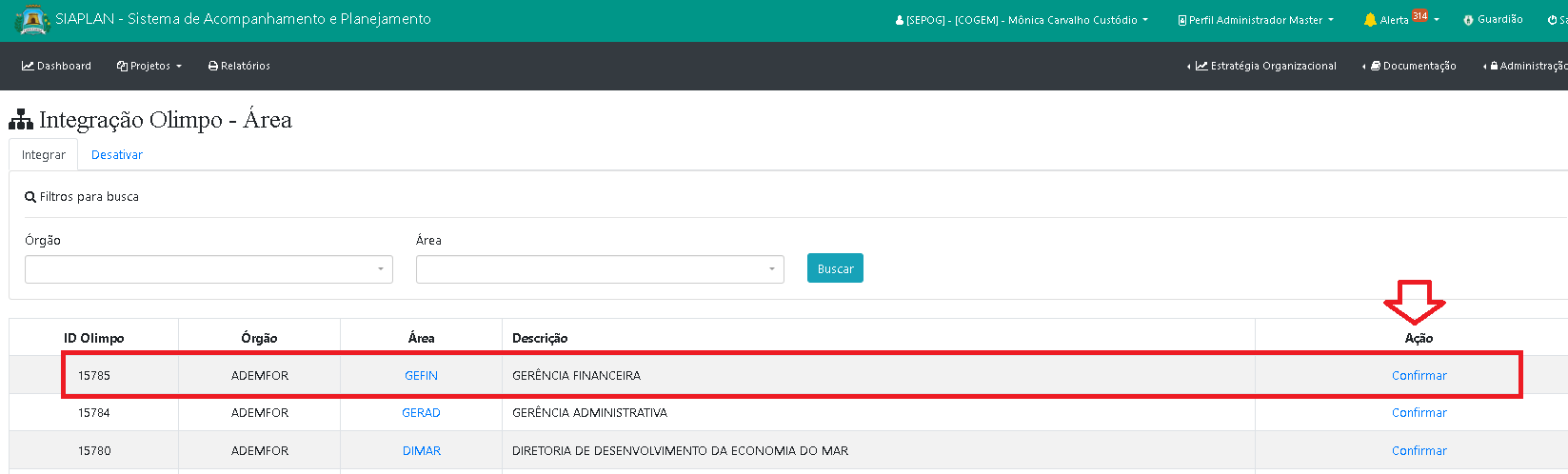 Como integrar áreas do Olimpo, ao sistema?