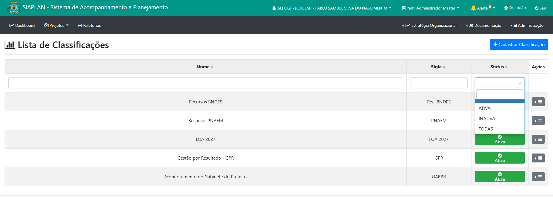 Lista de Classificações com filtro de status entre ativa, inativa ou todas