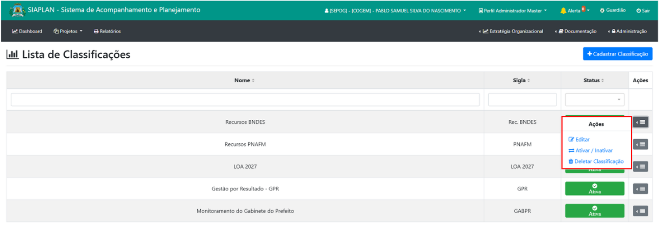 Menu de ações da Lista de Classificações com opções Editar, Ativar/Inativar e Deletar Classificação